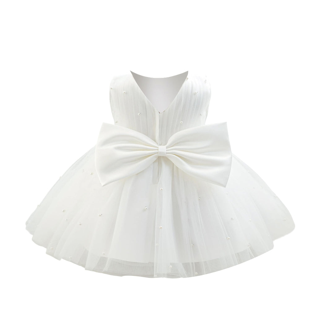 5296 Wholesale Baby Girls White Pearl Tulle Dress 1-4 Years Flower Girl Wedding Baptism Party Gown OEM Kids Clothing Supplier Wear