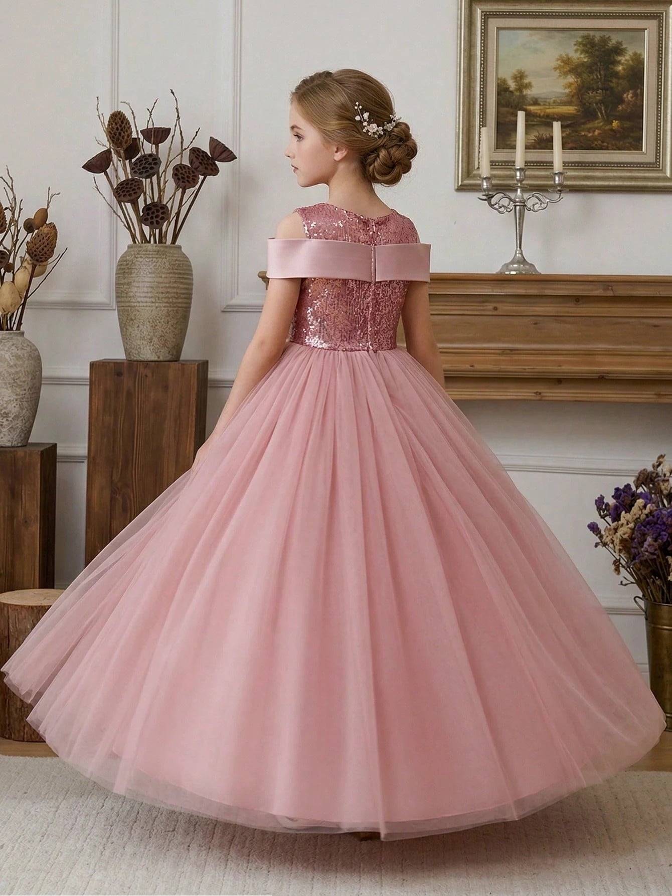 5327 Wholesale 2026 New Tulle Sequins Pink Formal Prom Princess Long Ball Gown Flower Girl Dress for 11 to 15 Years Old Young Girls