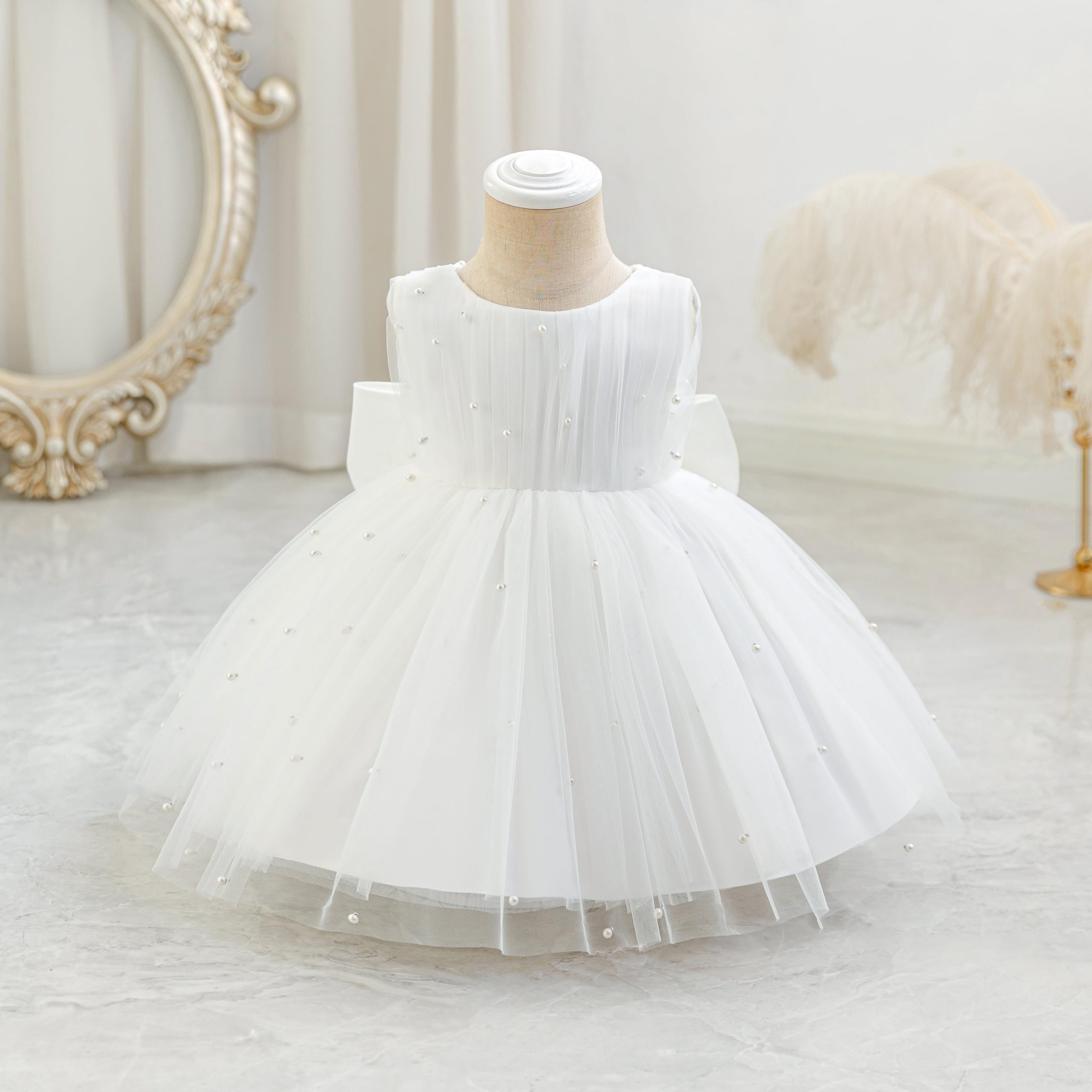 5296 Wholesale Baby Girls White Pearl Tulle Dress 1-4 Years Flower Girl Wedding Baptism Party Gown OEM Kids Clothing Supplier Wear