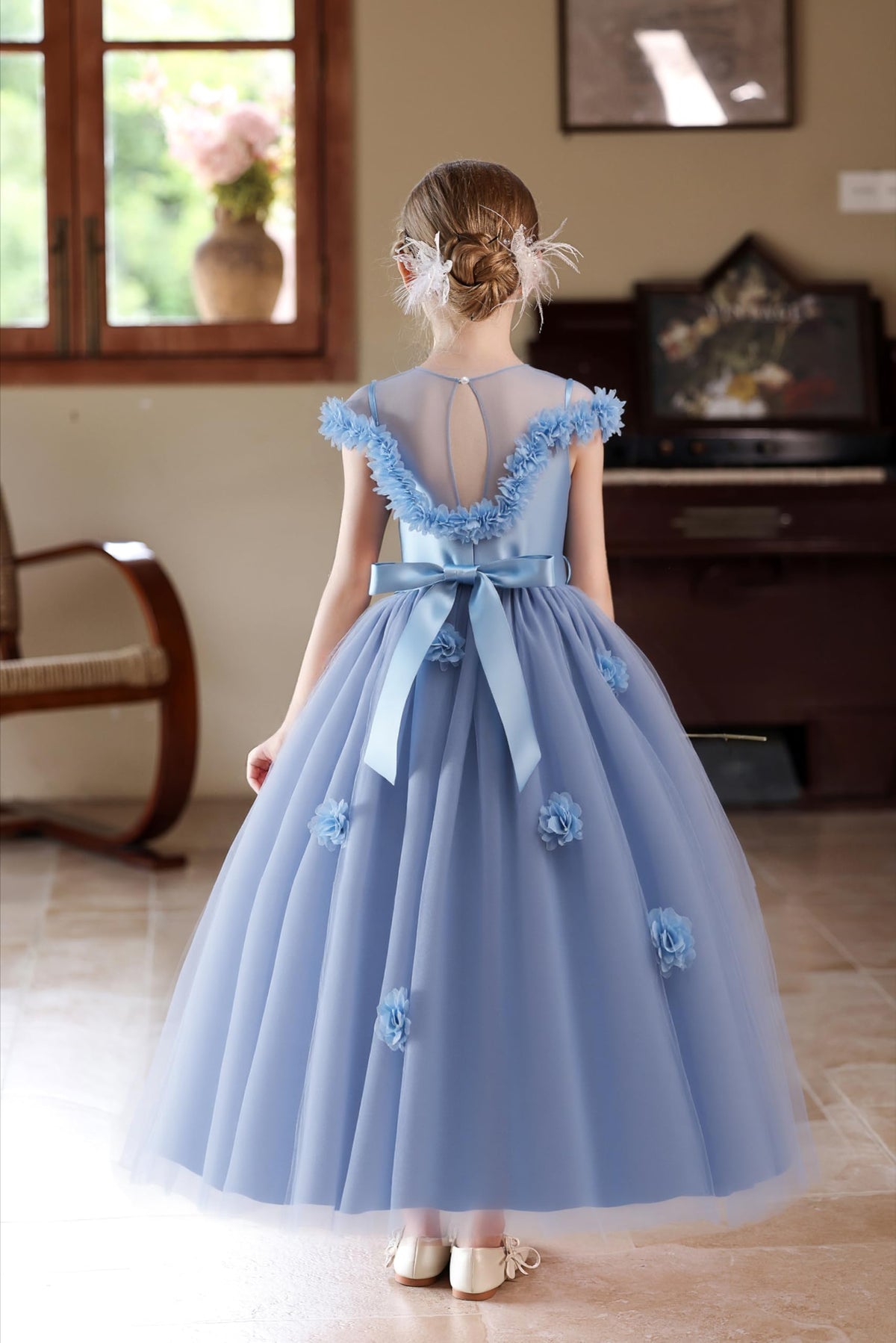 5231 Spring Wedding Little Girls Dress Blush Pink Floral Trim Long Gown for Easter Communion Baptism Bridesmaid Birthday Photoshoot