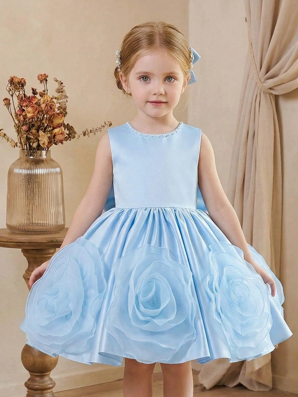 5321 Wholesale Satin 3D Flower Sleeveless Formal Princess Dress for 6Y 7Y 8 Years Old Little Girls Kids Birthday Party Night Gown