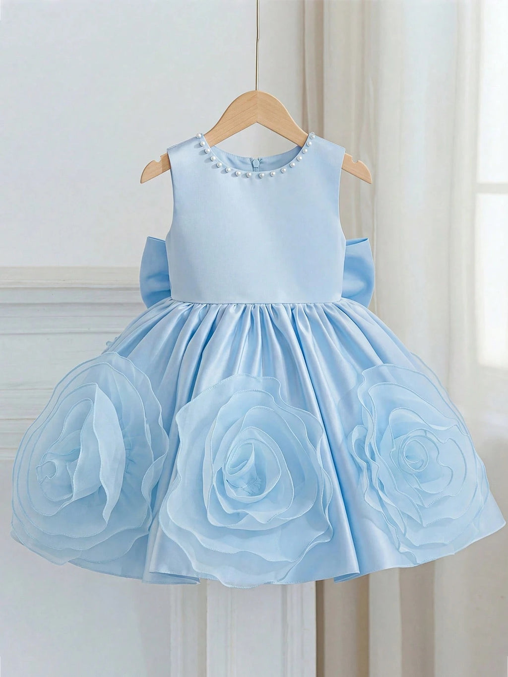 5321 Wholesale Satin 3D Flower Sleeveless Formal Princess Dress for 6Y 7Y 8 Years Old Little Girls Kids Birthday Party Night Gown