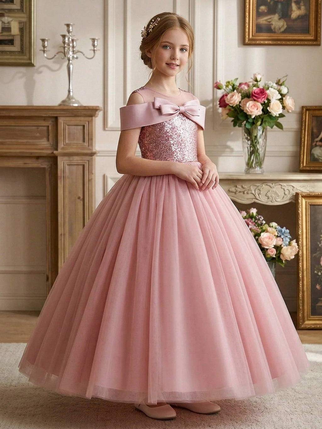 5327 Wholesale 2026 New Tulle Sequins Pink Formal Prom Princess Long Ball Gown Flower Girl Dress for 11 to 15 Years Old Young Girls