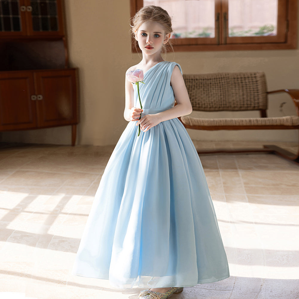 5155 Wholesale 6-11Y Korean Elegant Girls Summer Chiffon Off Shoulder Dress Kids Birthday Graduation Party Evening Children Dresses