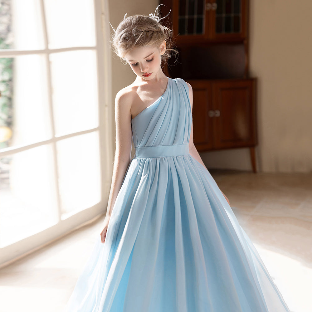 5155 Wholesale 6-11Y Korean Elegant Girls Summer Chiffon Off Shoulder Dress Kids Birthday Graduation Party Evening Children Dresses