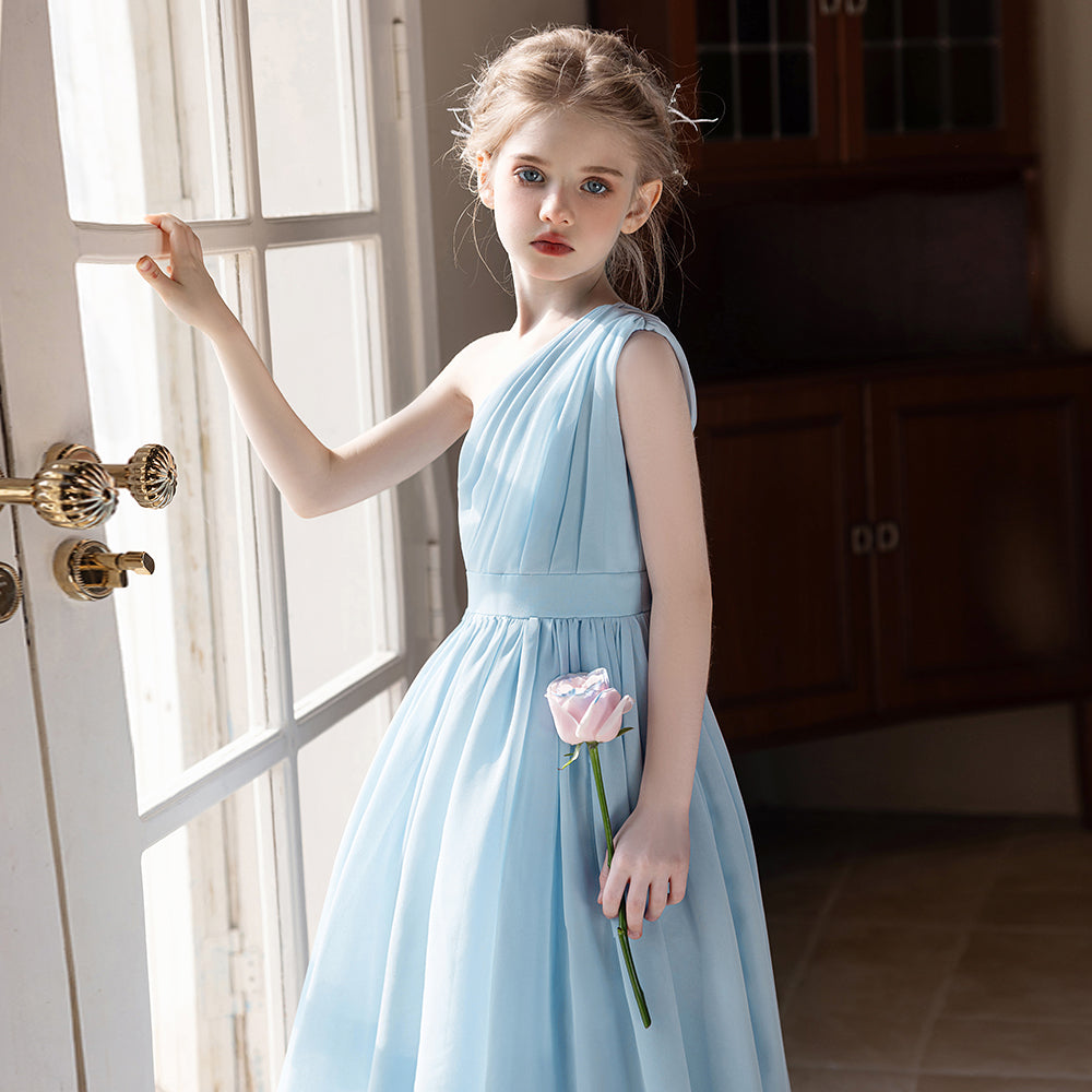 5155 Wholesale 6-11Y Korean Elegant Girls Summer Chiffon Off Shoulder Dress Kids Birthday Graduation Party Evening Children Dresses