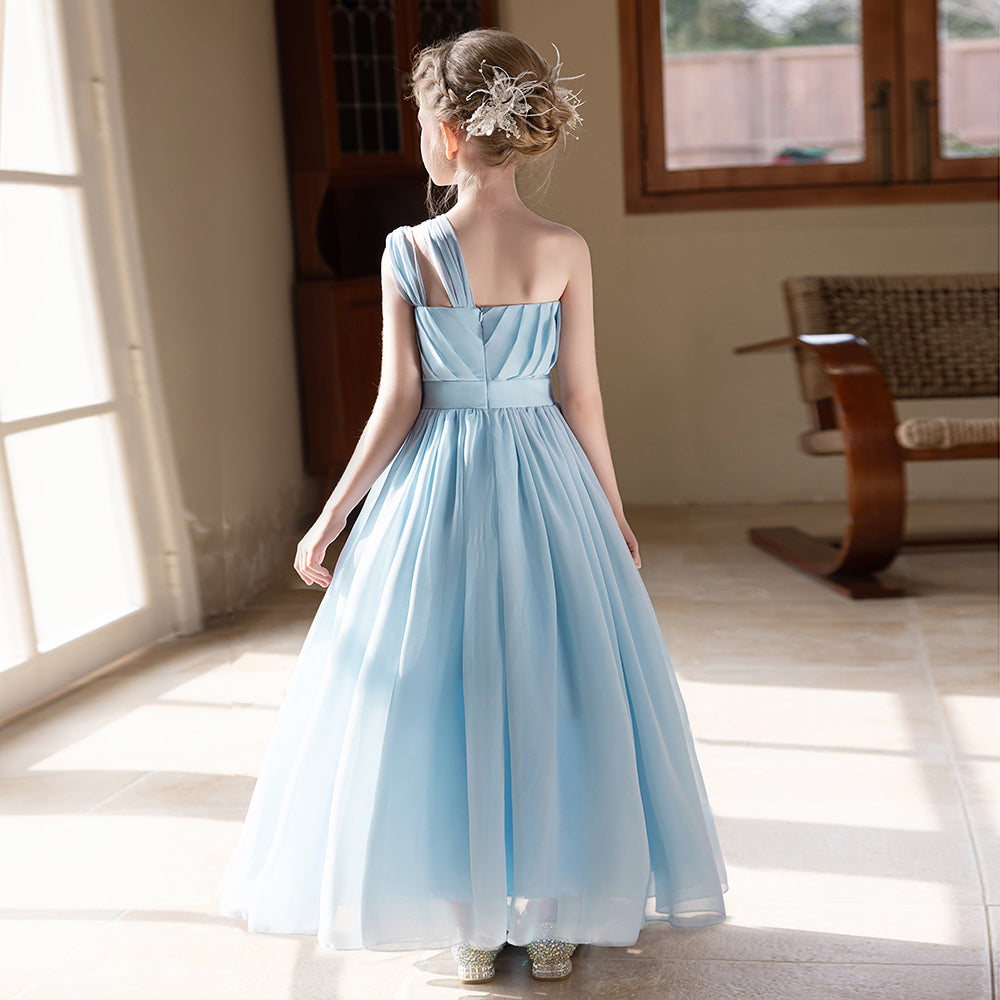 5155 Wholesale 6-11Y Korean Elegant Girls Summer Chiffon Off Shoulder Dress Kids Birthday Graduation Party Evening Children Dresses