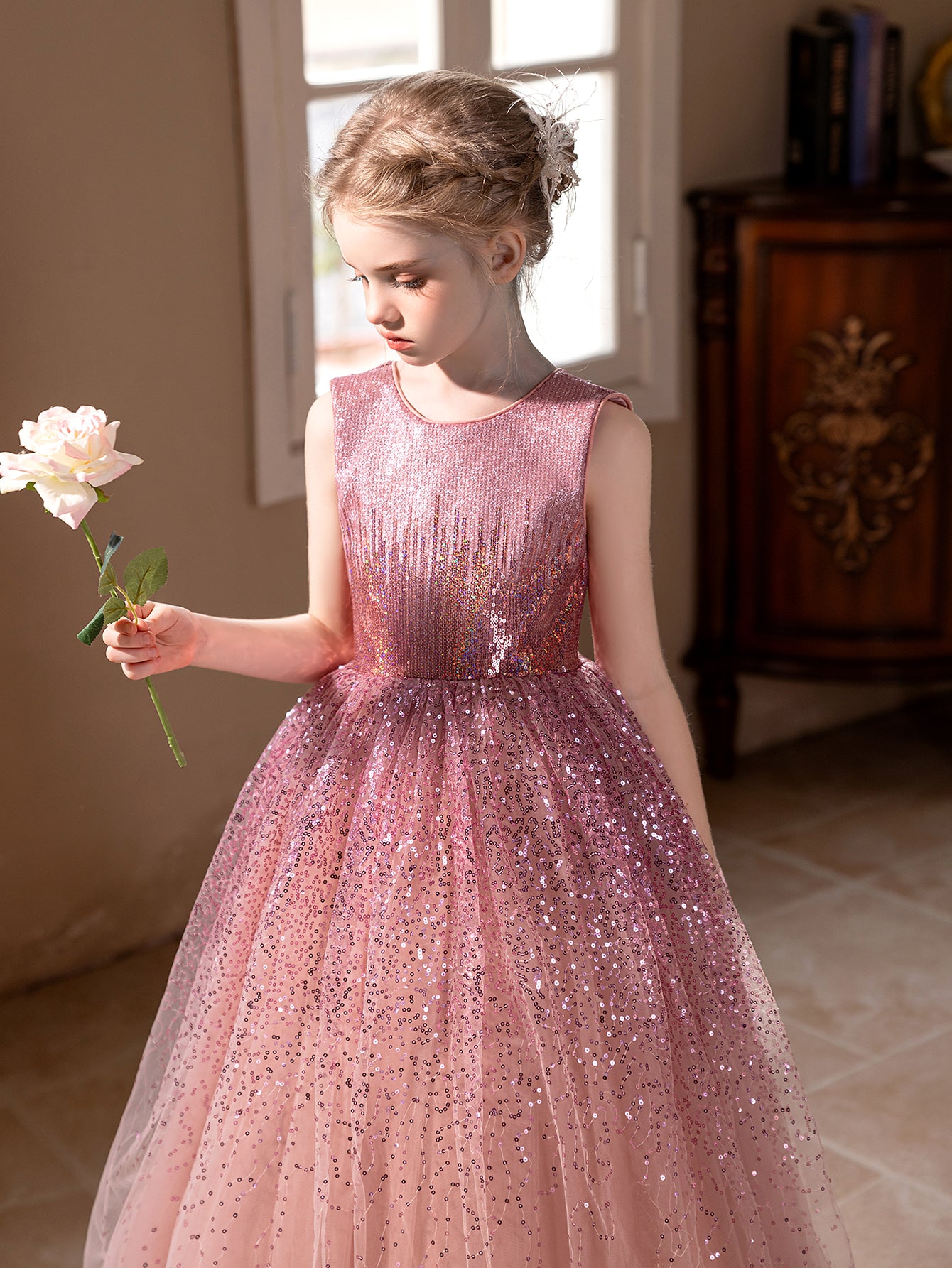 5157 Wholesale Girl Dresses 10 Years Old Princess Gold Sequin Birthday Party Wedding Evening Gown Kids Baby Girls Frock