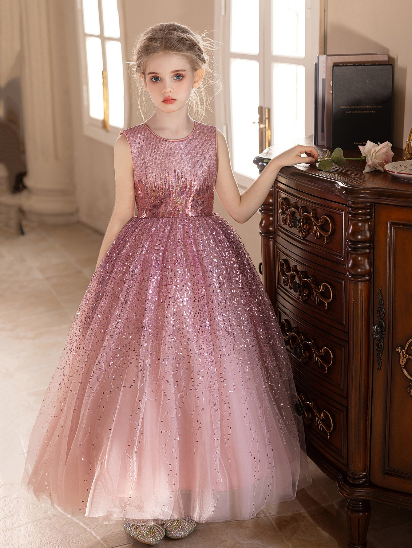 5157 Wholesale Girl Dresses 10 Years Old Princess Gold Sequin Birthday Party Wedding Evening Gown Kids Baby Girls Frock