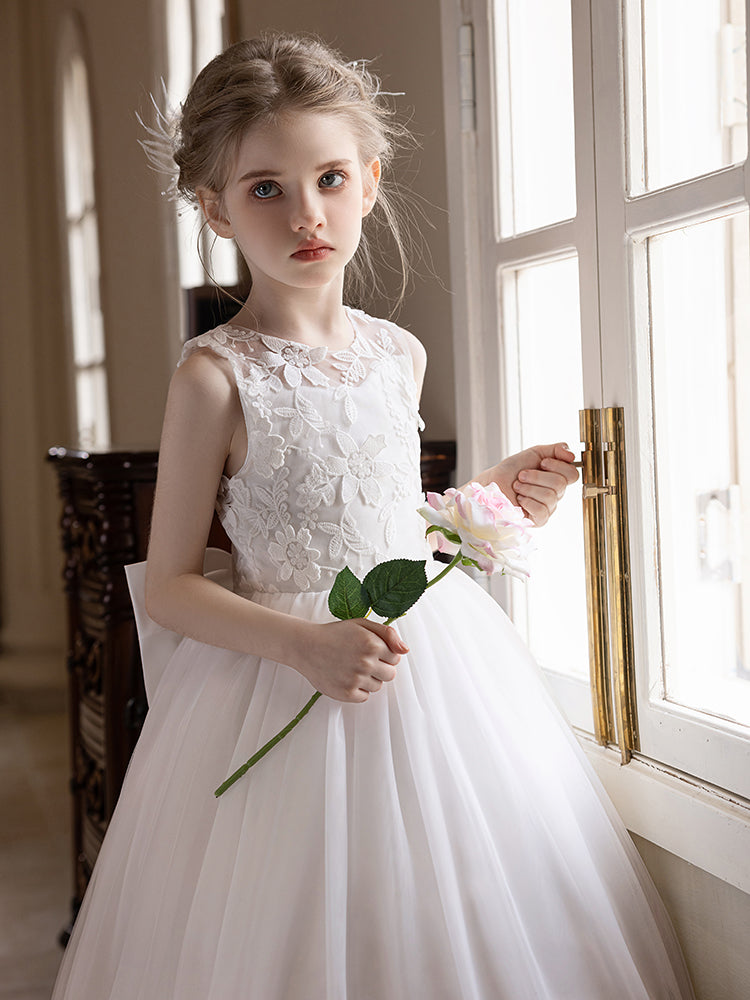 5161 Flower Girls' Party Dresses Floral White for Party Wedding Kids Clothes for Embroidery Dress Bow Frock Design