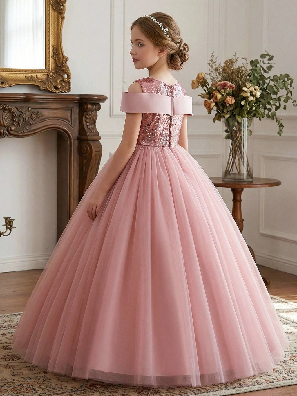 5327 Wholesale 2026 New Tulle Sequins Pink Formal Prom Princess Long Ball Gown Flower Girl Dress for 11 to 15 Years Old Young Girls