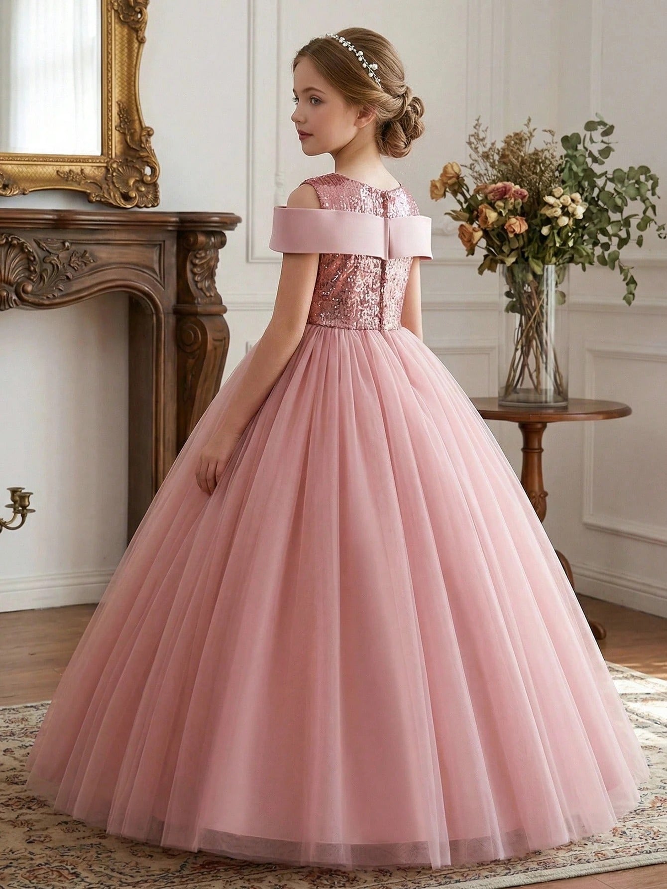 5327 Wholesale 2026 New Tulle Sequins Pink Formal Prom Princess Long Ball Gown Flower Girl Dress for 11 to 15 Years Old Young Girls