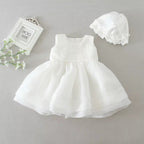 8019 Baby Girl Baptism Dress 3-24 Months White Lace Sleeveless Christening Dress with Bonnet Wedding Party Outfit
