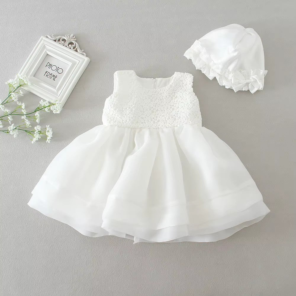 8019 Baby Girl Baptism Dress 3-24 Months White Lace Sleeveless Christening Dress with Bonnet Wedding Party Outfit