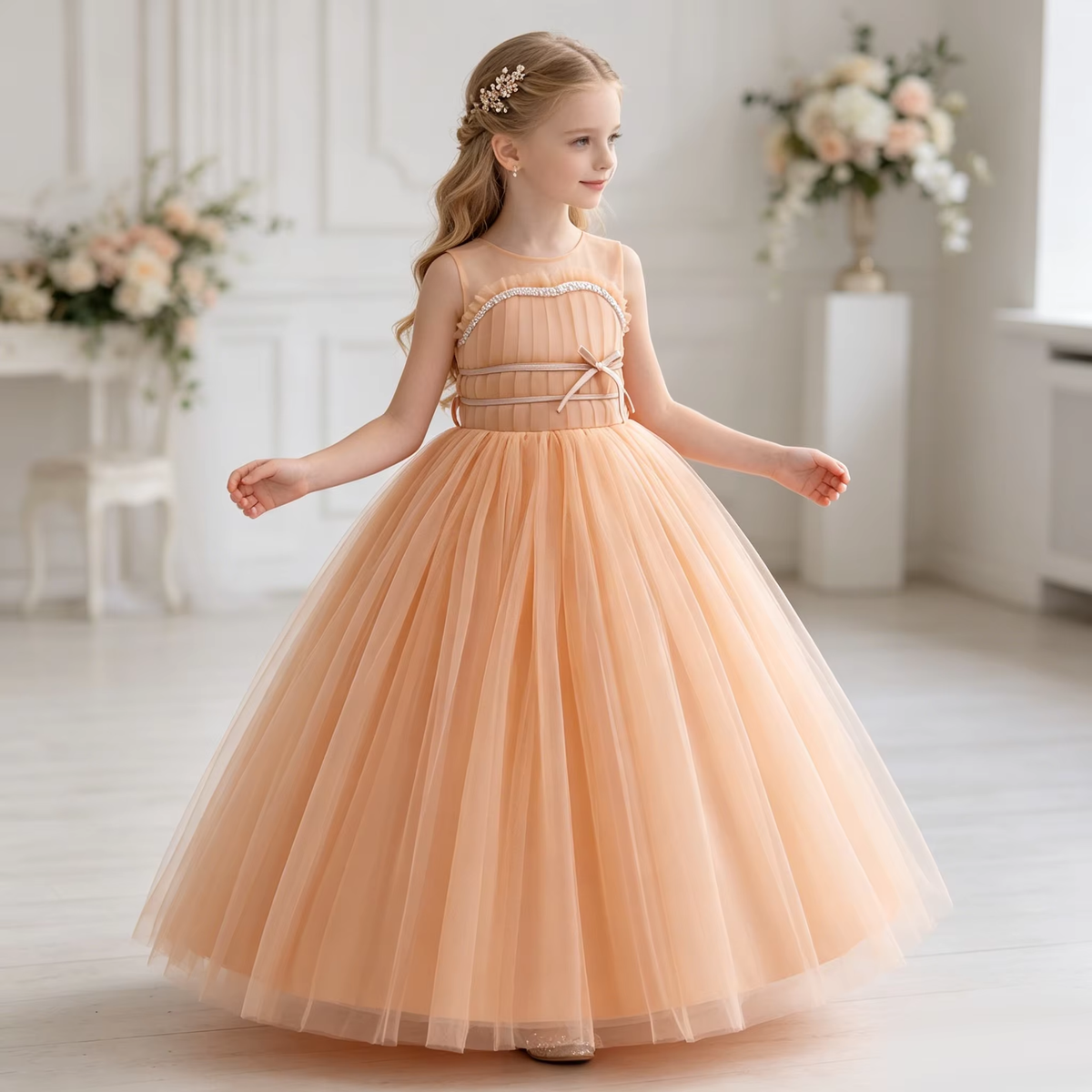 5255 Flower Girls Tulle Wedding Dress a Line Long Formal Pageant Princess Birthday Party Ball Gown Bridesmaid Dresses