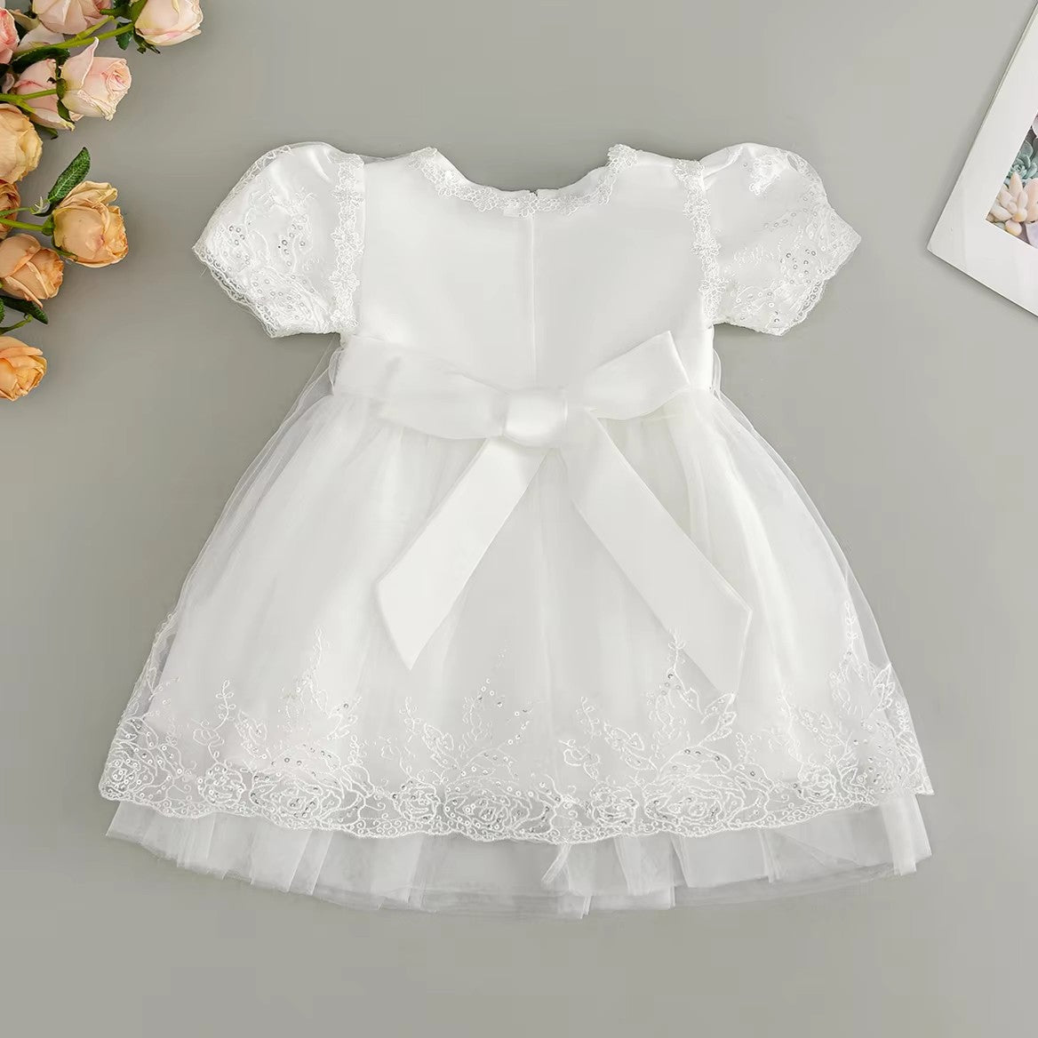 7951 Baby Girls White Sequin Lace Baptism Dress 3-24 Months Puff Sleeve Bow Tulle Christening Gown
