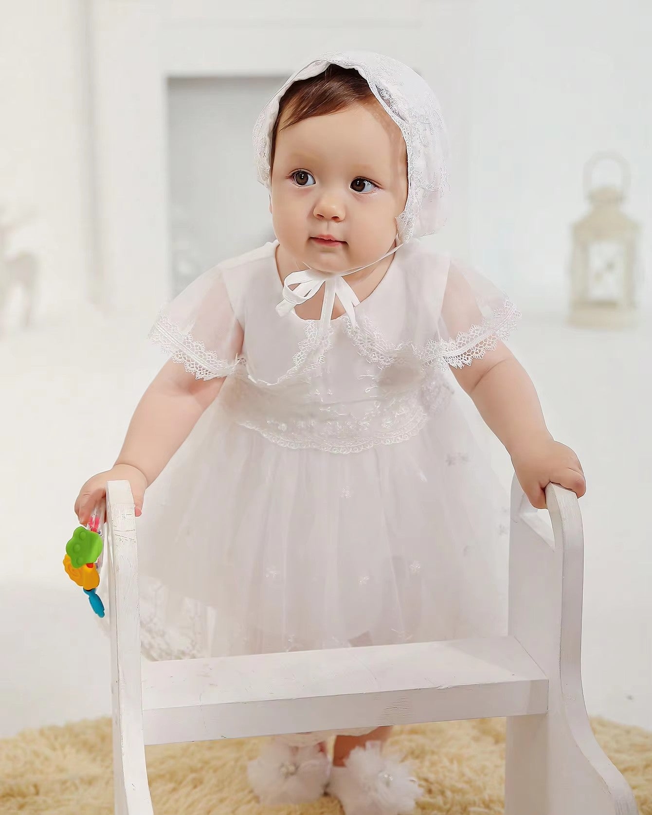 7525 Newborn Baby Christening Dress Lace Baptism Dress for Baby Girl Infant Girls' Dresses Gown White Clothing Set Frock with Hat