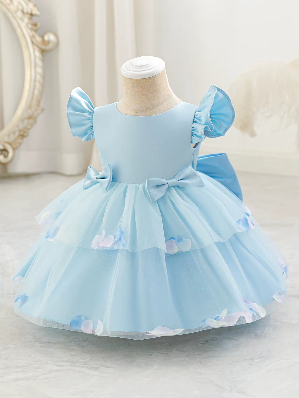 5281 Blue Bows Toddler Baby Dresses 0-12 Months Party Gown Flower Girls Dresses Baby Birthday Clothes Baptism Dress