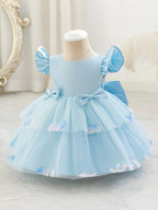 5281 Blue Bows Toddler Baby Dresses 0-12 Months Party Gown Flower Girls Dresses Baby Birthday Clothes Baptism Dress