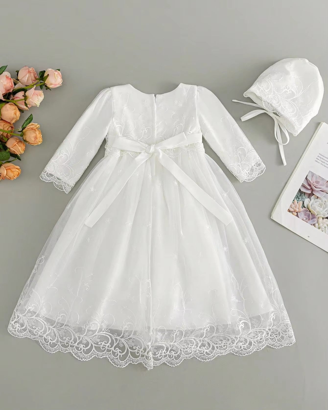 7952 New Newborn Baby Clothes Baptism Dress for Baby Girl Birthday Party White Long Sleeves Fluffy Baby Dresses 0-12 Months Suit