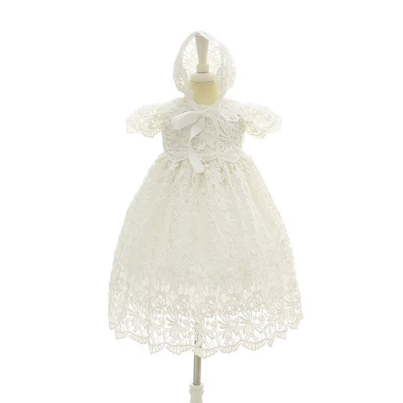 6110 Toddler Dress Clothing White Lace Short Sleeve Baptism Dress Princess Girl Christening Gown With Hat Baby Dresses