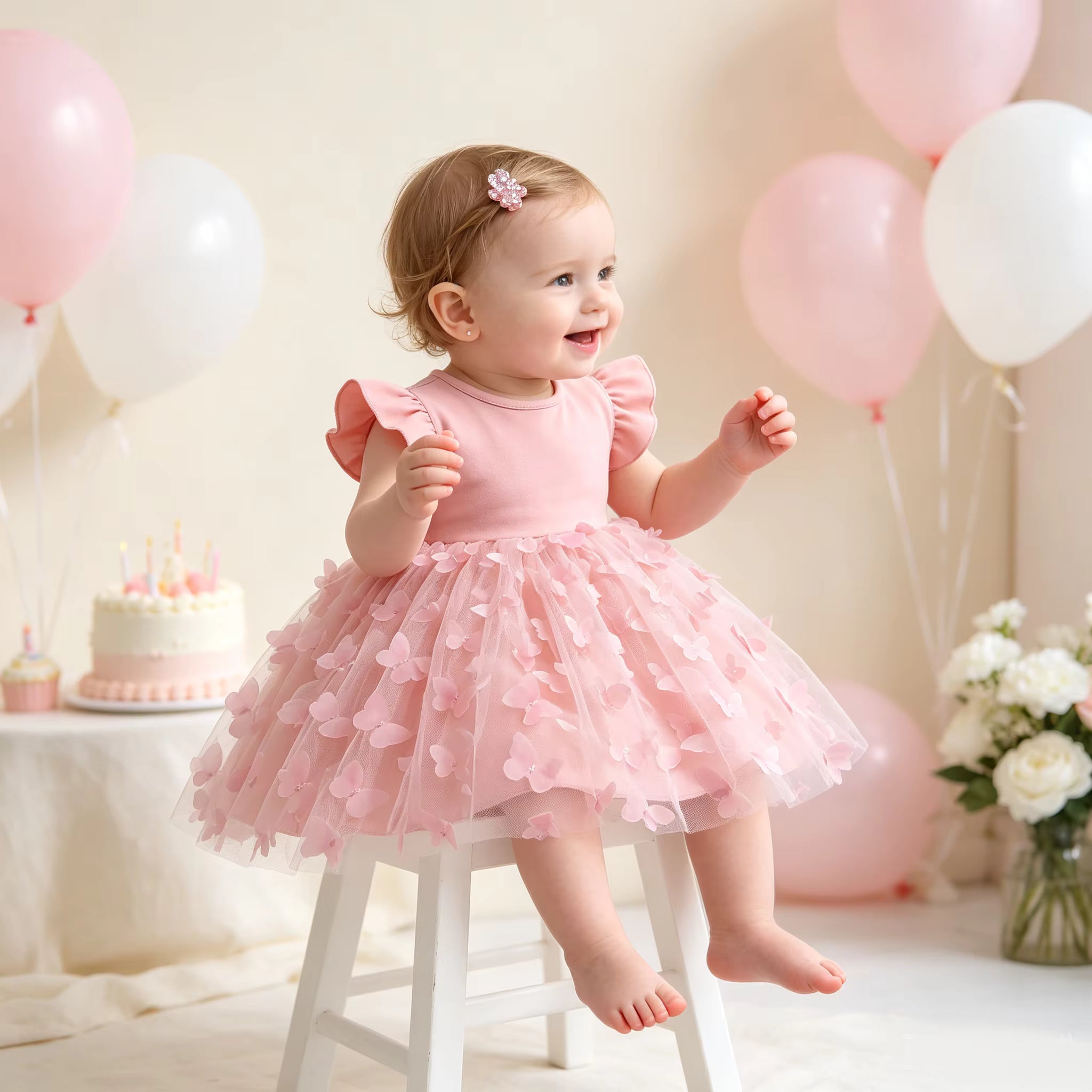 5365 Pink Baby Girl Tulle Romper Dress Tutu Bodysuit Big Bow Flutter Sleeve Birthday Party Outfit 3D Butterfly Cute 3 Months to 3T