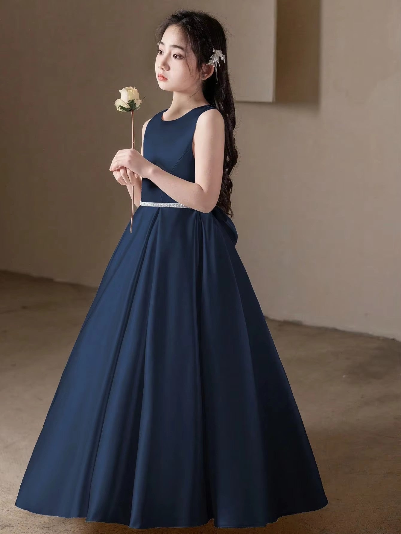 5168 Wholesale Satin Royal Blue Black Formal Evening Prom Year 6 Graduation Dresses for 11Y 12 Years Old Teen Girls