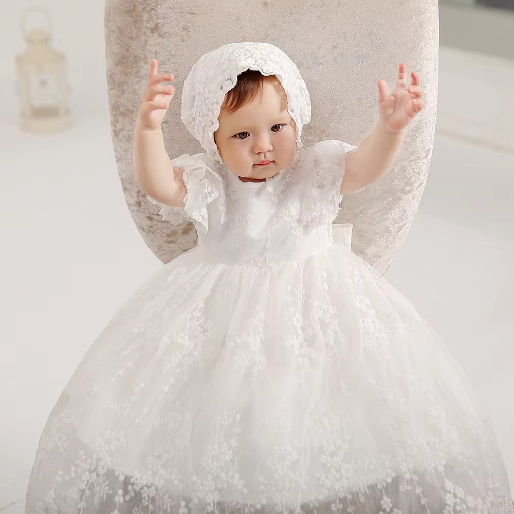 7696 Toddler Girls Dresses White Floral Baptism Christening Wedding Dress Baby Girl Frock Outfit With Bonnet