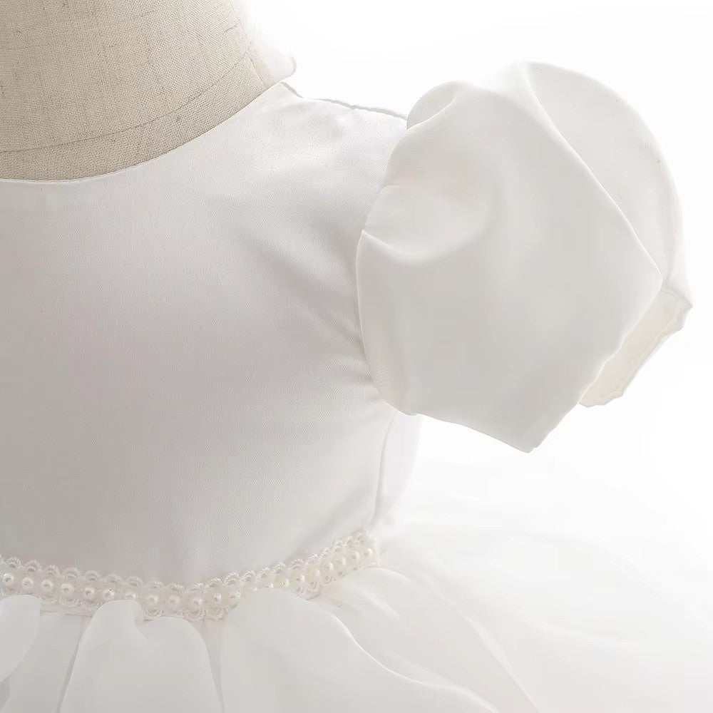 7865 Baby Girls White Satin Puff Sleeve Baptism Dress 3-24 Months Pearl Waist A-Line Christening Gown for Wedding Birthday Formal Party