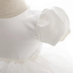7865 Baby Girls White Satin Puff Sleeve Baptism Dress 3-24 Months Pearl Waist A-Line Christening Gown for Wedding Birthday Formal Party