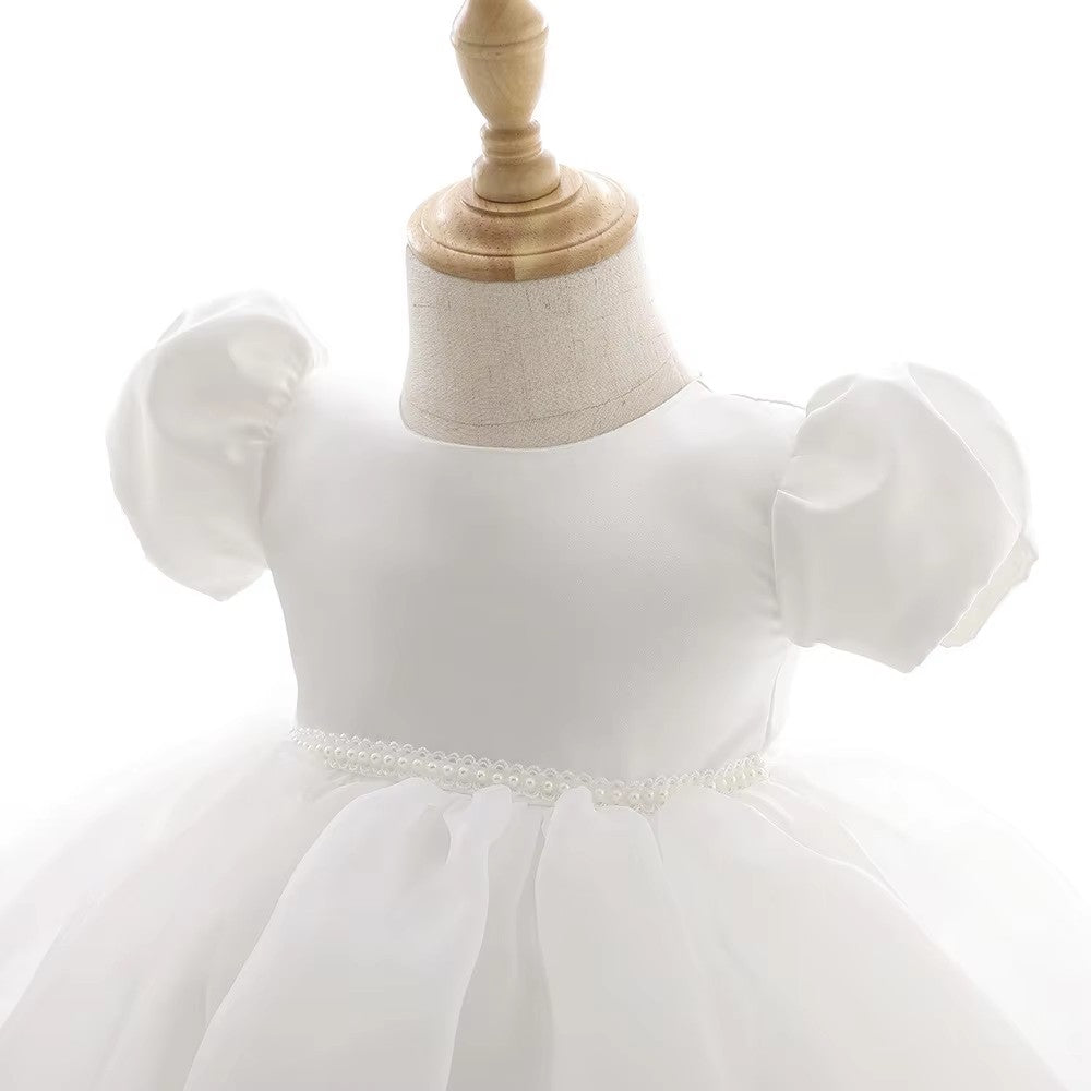 7865 Baby Girls White Satin Puff Sleeve Baptism Dress 3-24 Months Pearl Waist A-Line Christening Gown for Wedding Birthday Formal Party