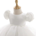 7865 Baby Girls White Satin Puff Sleeve Baptism Dress 3-24 Months Pearl Waist A-Line Christening Gown for Wedding Birthday Formal Party