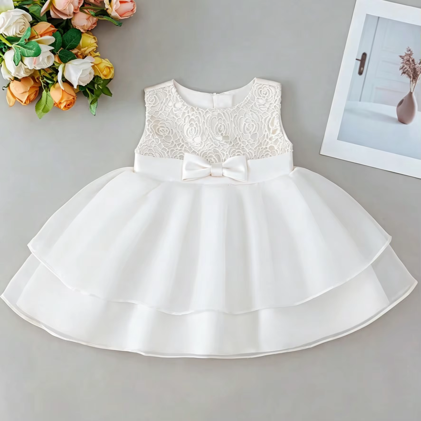 2089 Baby Girls White Lace Baptism Dress 3-24 Months Sleeveless Bow A-Line Christening Gown for Wedding Communion Formal Party
