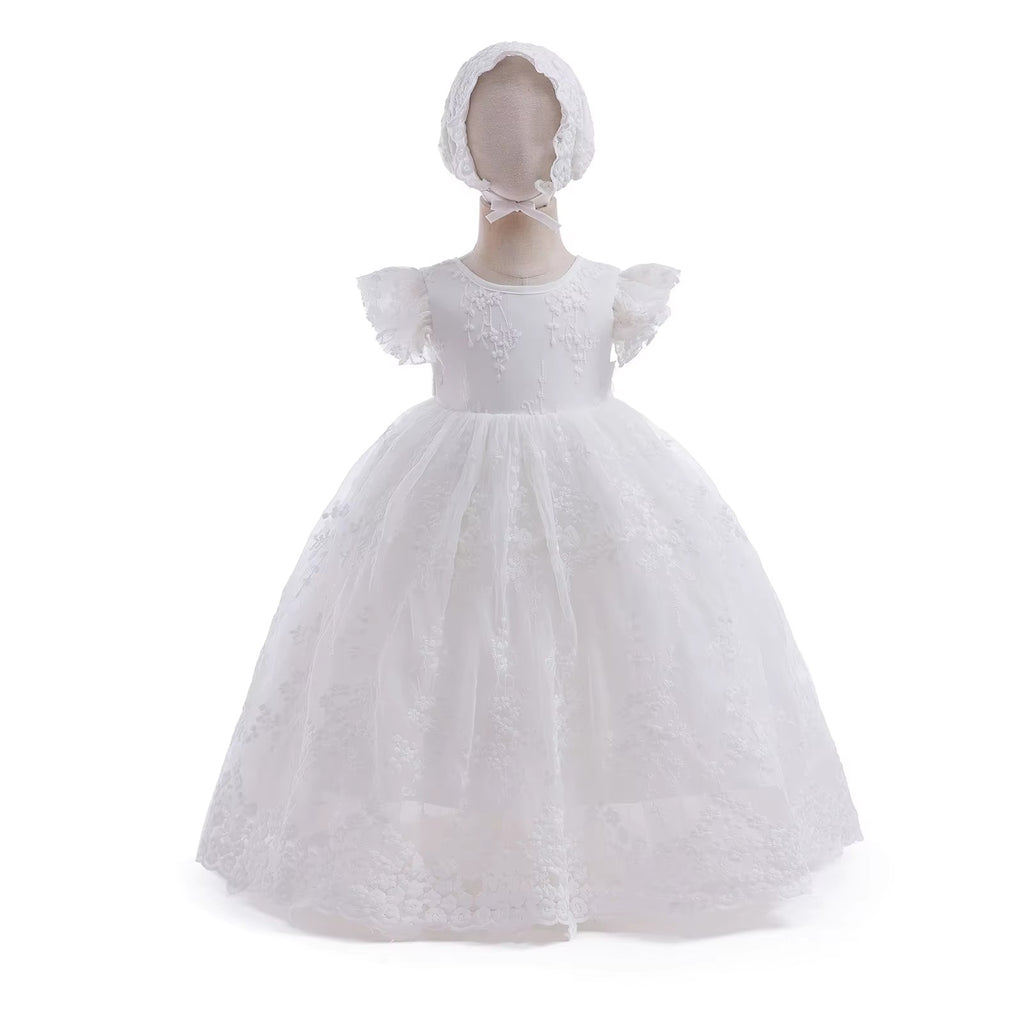 7696 Toddler Girls Dresses White Floral Baptism Christening Wedding Dress Baby Girl Frock Outfit With Bonnet