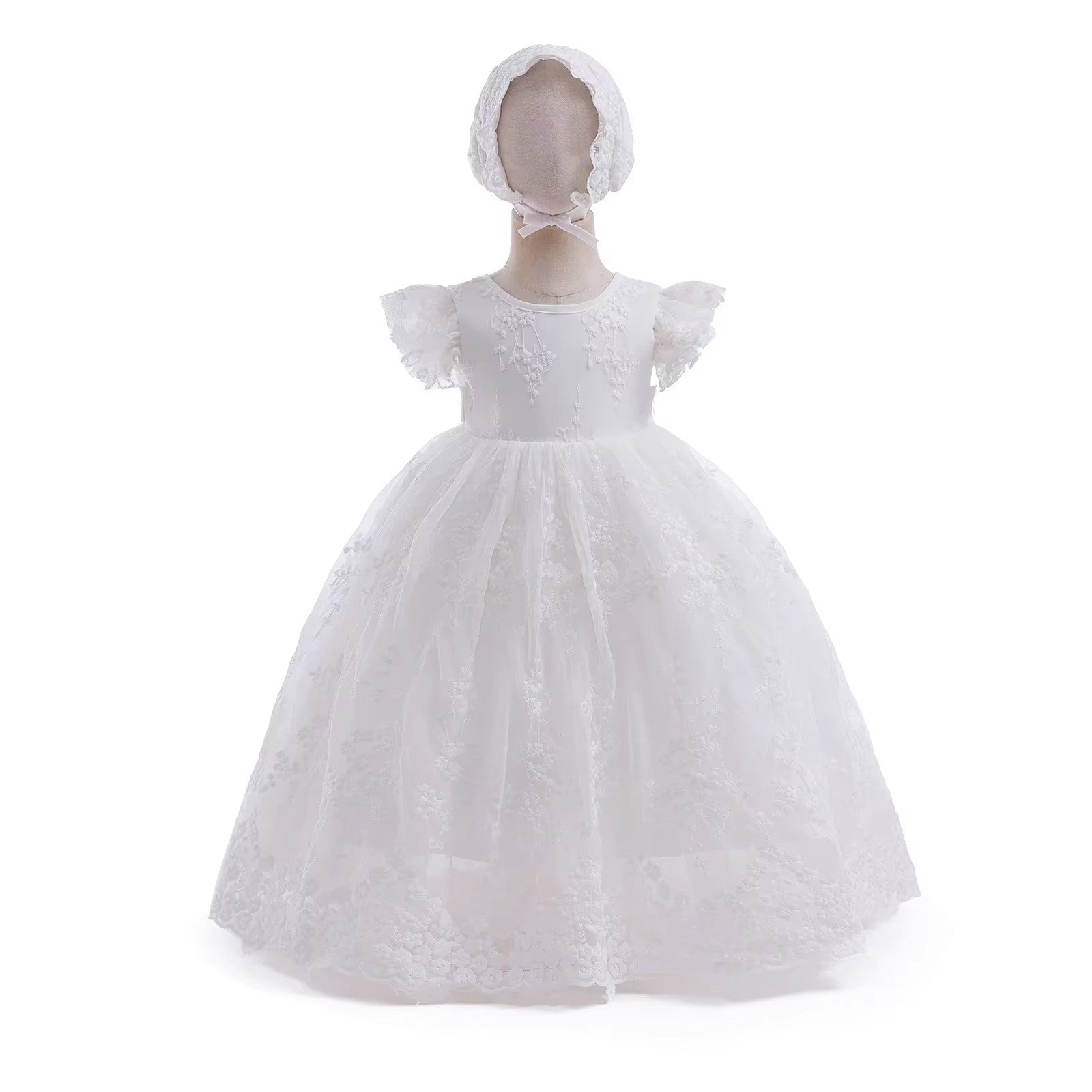 7696 Toddler Girls Dresses White Floral Baptism Christening Wedding Dress Baby Girl Frock Outfit With Bonnet