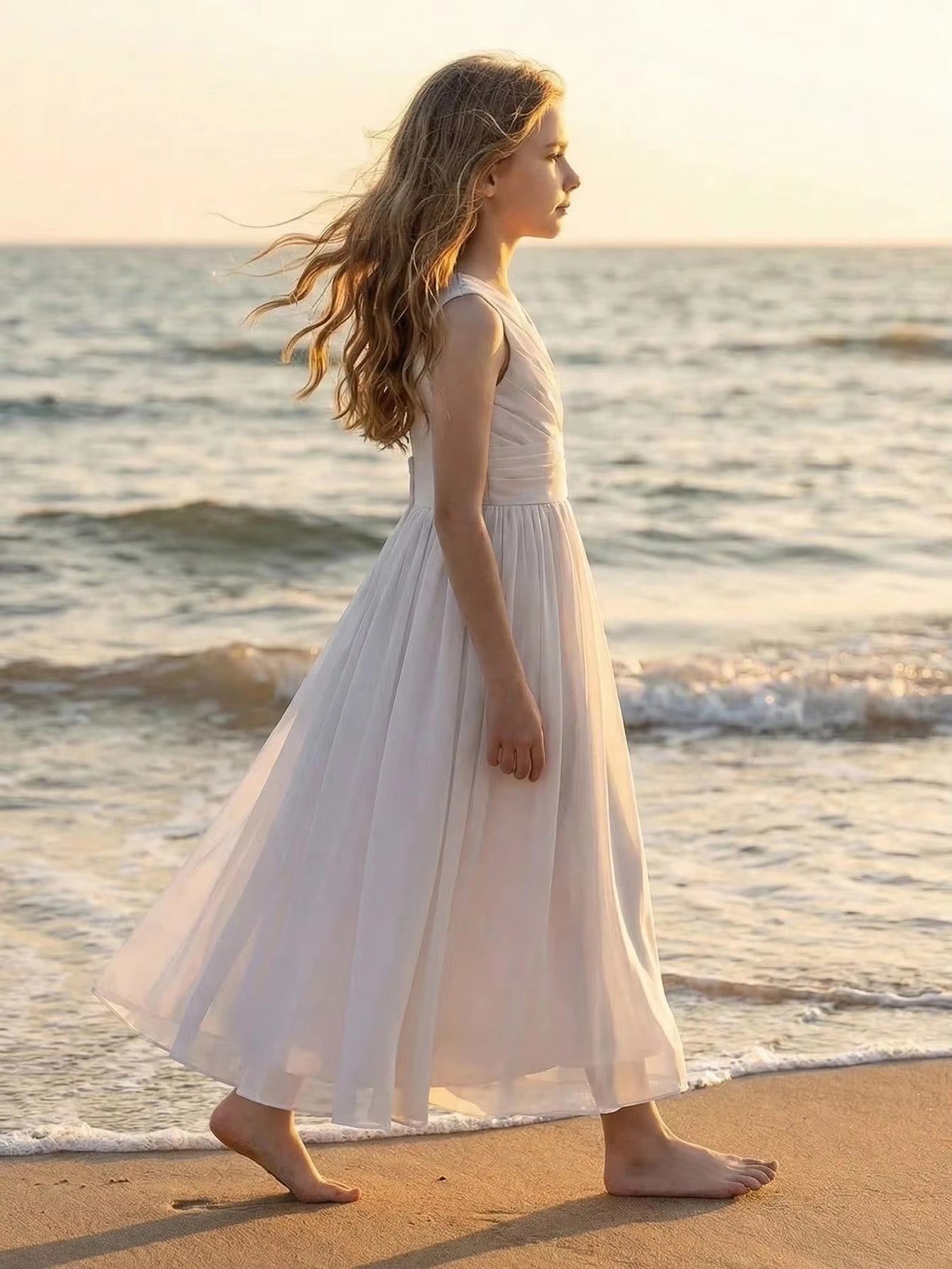 5111 Wholesale Chiffon White Sleeveless Summer Princess Islamic Flower Girl Dress for 10 Years Old Girls Wedding Party Wear 16Y