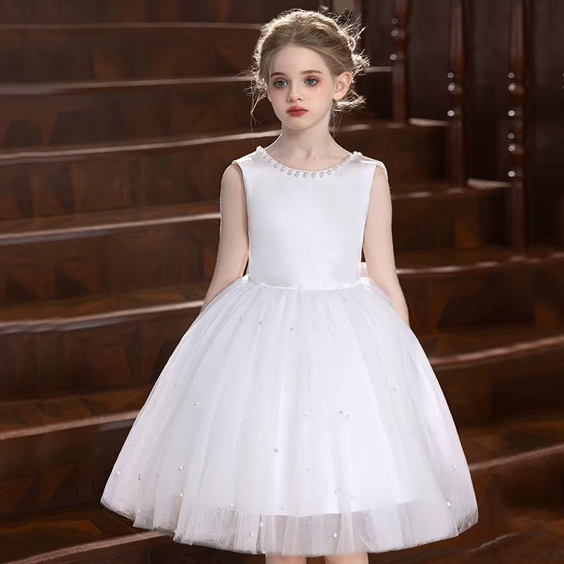 5151 Children Formal Dress Wholesale White Pearl Satin Tulle Backless Short Gown for Wedding Baptism Communion Birthday Party OEM