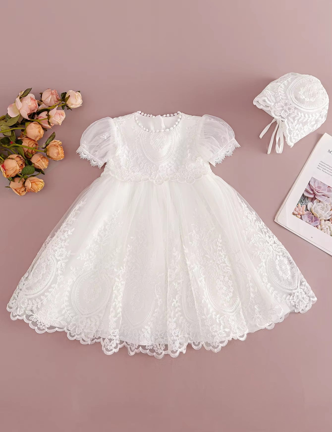 5082 Baptism Baby Girl Dresses Lace Baby Frocks Party Wear Floral Gown with Bonnet Summer Infant Clothing