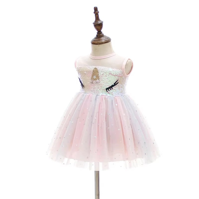 7176 Baby Girl Birthday Party Dress Sequin Dress for Baby Pink Cartoon Baby Summer Princess Doll Dress Set Kids Wholesale Clothing