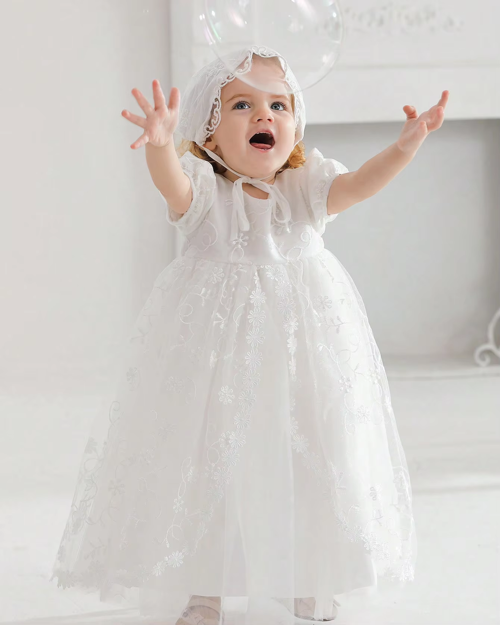 6208 Wholesale Customization Smocked Puffy Long Casual Costume Dress for Newborn 3 Months Baby Girls Communion Christening Baptism