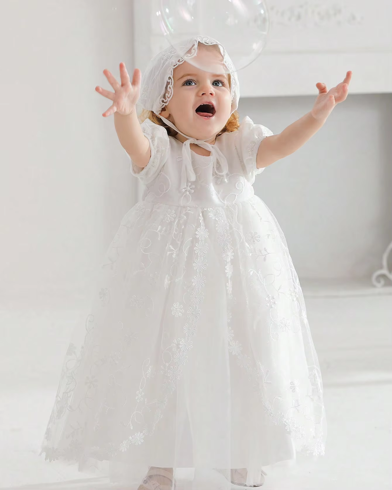 6208 Wholesale Customization Smocked Puffy Long Casual Costume Dress for Newborn 3 Months Baby Girls Communion Christening Baptism