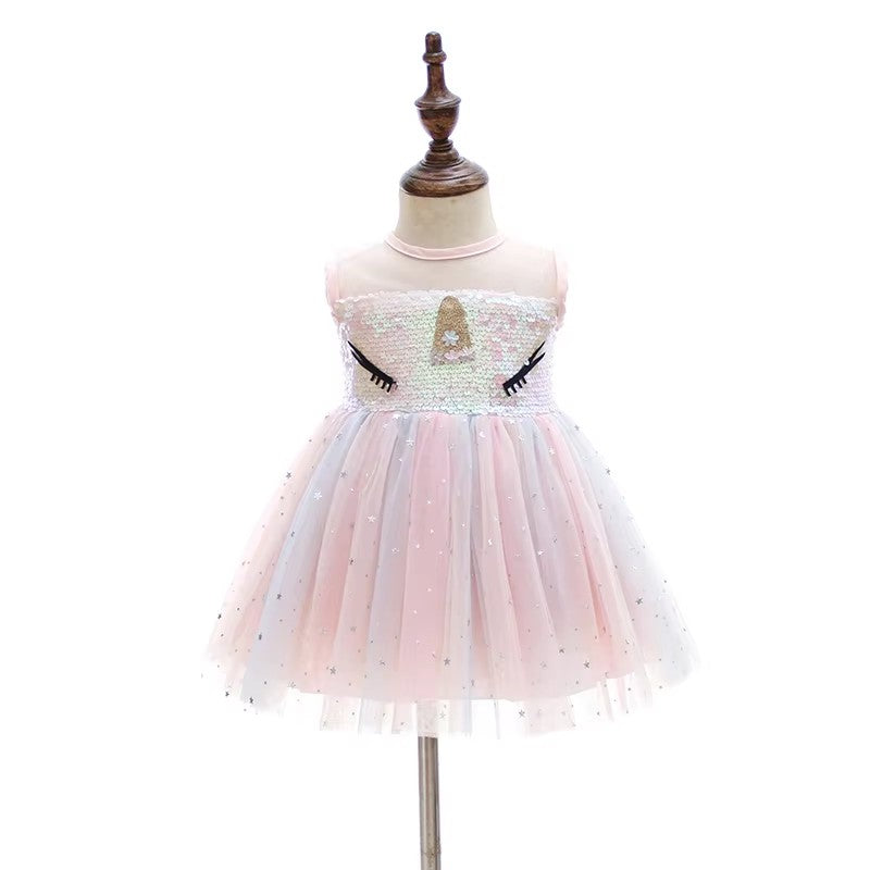 7176 Baby Girl Birthday Party Dress Sequin Dress for Baby Pink Cartoon Baby Summer Princess Doll Dress Set Kids Wholesale Clothing