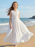 5111 Wholesale Chiffon White Sleeveless Summer Princess Islamic Flower Girl Dress for 10 Years Old Girls Wedding Party Wear 16Y