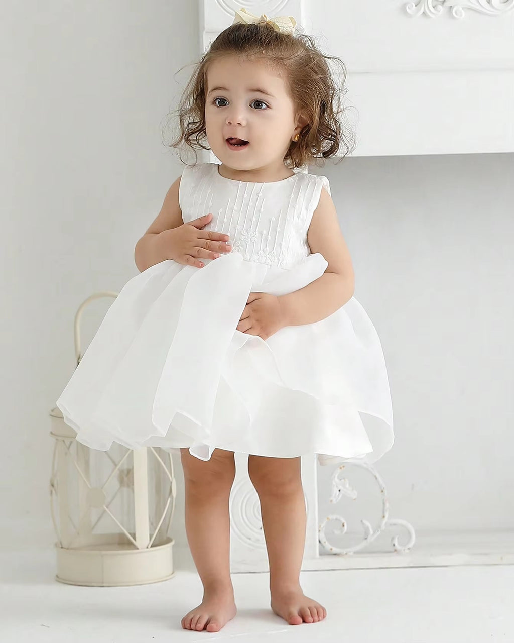7928 Baptism Dress for Baby Girl Tutu Dress for Baby Princess Lace Bow Decorated Birthday White Dress for 0-3 Month Baby Girl