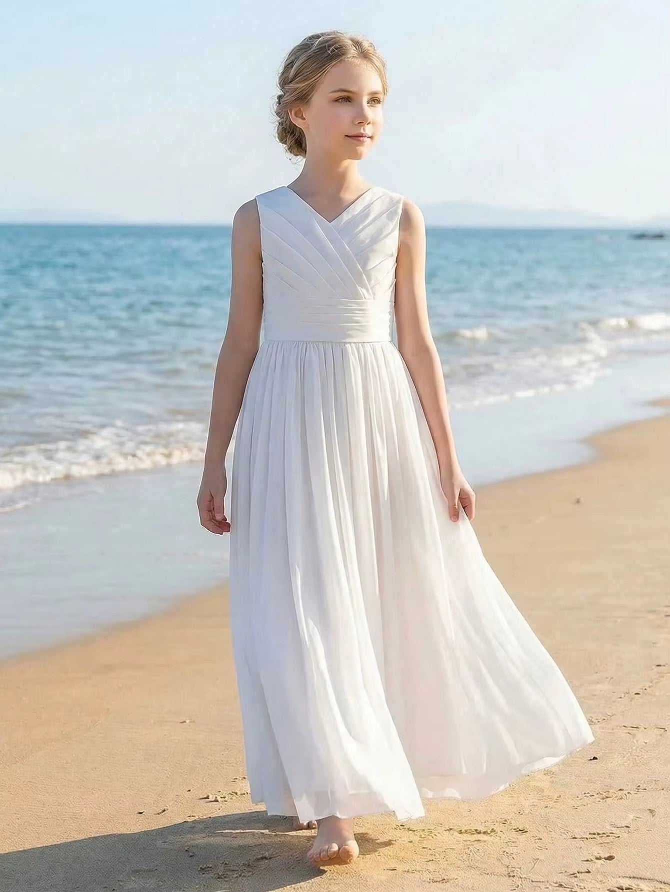 5111 Wholesale Chiffon White Sleeveless Summer Princess Islamic Flower Girl Dress for 10 Years Old Girls Wedding Party Wear 16Y