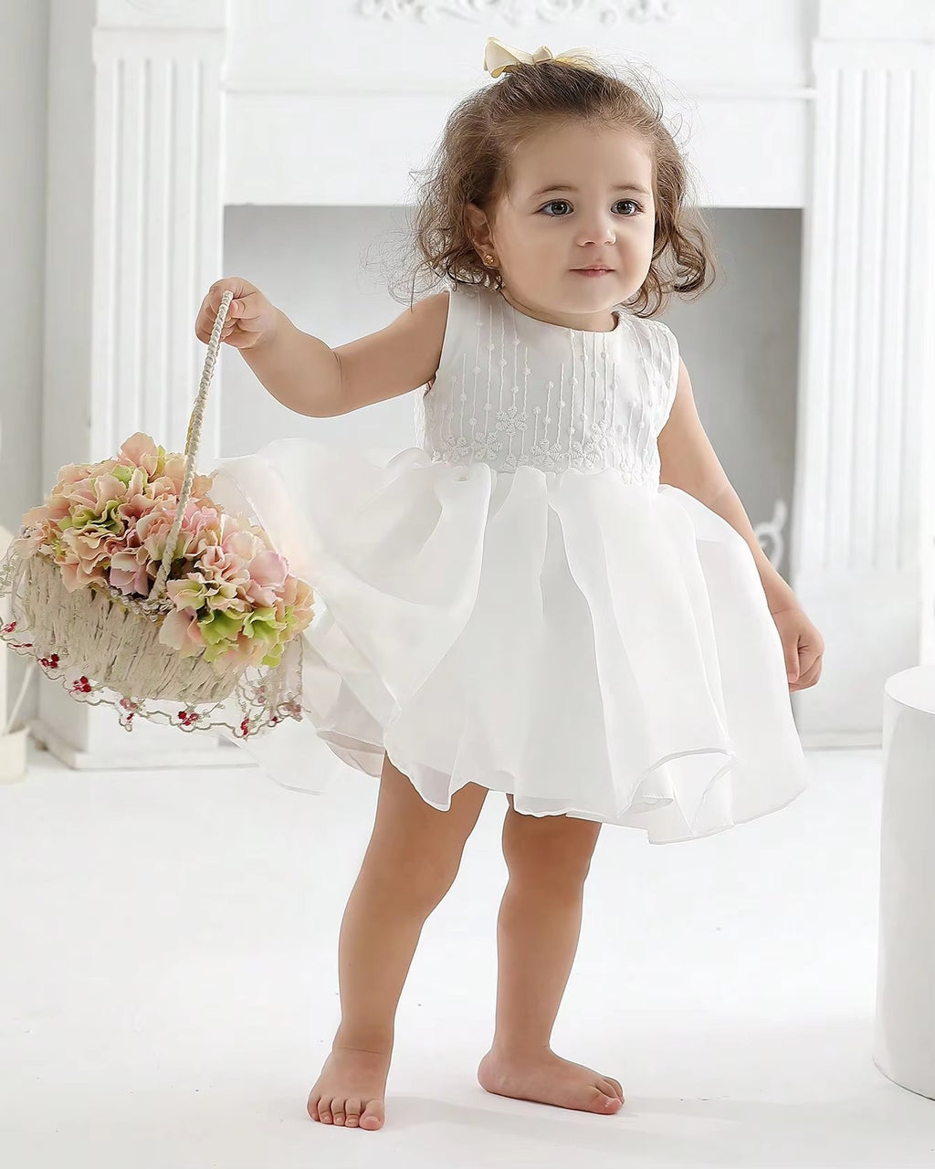 7928 Baptism Dress for Baby Girl Tutu Dress for Baby Princess Lace Bow Decorated Birthday White Dress for 0-3 Month Baby Girl