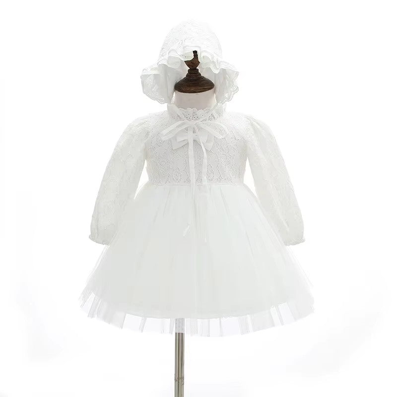 9708 Baby Baptism Wedding Party Dresses Lace Comfortable Tulle Bow Decoration Long Sleeves 2pcs Set with Hood