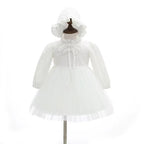 9708 Baby Baptism Wedding Party Dresses Lace Comfortable Tulle Bow Decoration Long Sleeves 2pcs Set with Hood