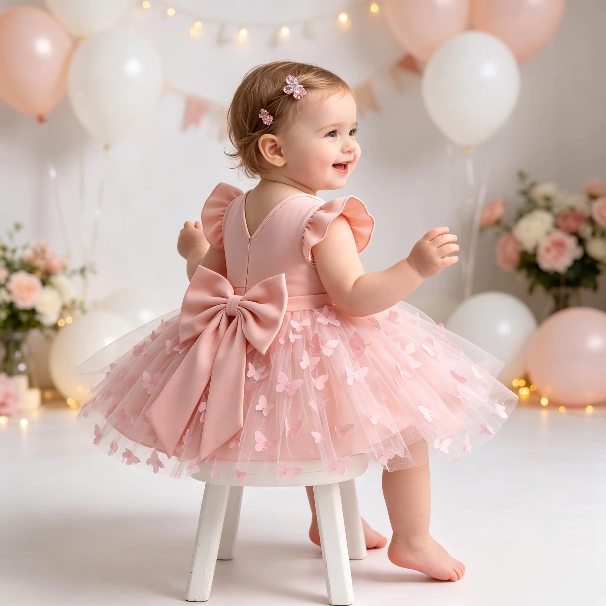 5365 Pink Baby Girl Tulle Romper Dress Tutu Bodysuit Big Bow Flutter Sleeve Birthday Party Outfit 3D Butterfly Cute 3 Months to 3T
