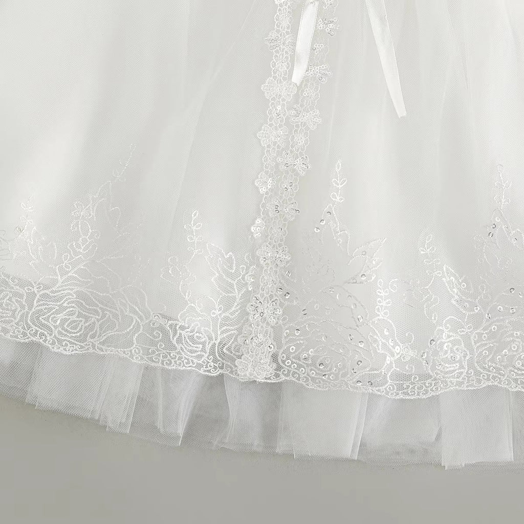 7951 Baby Girls White Sequin Lace Baptism Dress 3-24 Months Puff Sleeve Bow Tulle Christening Gown